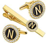 HAWSON 18K Gold Tie Clip and Cufflinks for Men, 2.2in Necktie Bar & Mens Cuff Links with Personalized Engraved A-Z Letter and Clear Crystal, M, Brass, No Gemstone