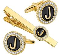 HAWSON 18K Gold Tie Clip and Cufflinks for Men, 2.2in Necktie Bar & Mens Cuff Links with Personalized Engraved A-Z Letter and Clear Crystal, M, Brass, No Gemstone