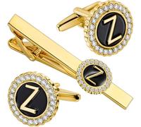 HAWSON 18K Gold Tie Clip and Cufflinks for Men, 2.2in Necktie Bar & Mens Cuff Links with Personalized Engraved A-Z Letter and Clear Crystal, M, Brass, No Gemstone