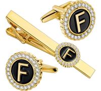 HAWSON 18K Gold Tie Clip and Cufflinks for Men, 2.2in Necktie Bar & Mens Cuff Links with Personalized Engraved A-Z Letter and Clear Crystal, M, Brass, No Gemstone
