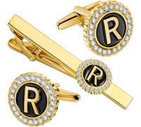 HAWSON 18K Gold Tie Clip and Cufflinks for Men, 2.2in Necktie Bar & Mens Cuff Links with Personalized Engraved A-Z Letter and Clear Crystal, M, Brass, No Gemstone
