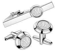 HAWSON Mens Classic Silver Cufflinks and Tie Clip Set for Men Initials A-Z Formal Business Wedding Tuxedo Shirts