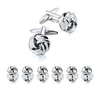 HAWSON Personalize Flower Knot Cufflink and Studs Set for Men Silver Wedding Party Event