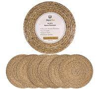 Haxhut 6 Pack 13.5" Woven Placemats, Natural Hand-Woven Water Hyacinth Placemats, Round Braided Rattan Tablemats for Dining Table, Large Weave Round Place Mats Heat Resistant Non-Slip Table Mat
