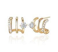 HAXIYA 14K Gold Plated Hoop Earrings for Women Triple Huggie Illusion Stud Earring | Double Huggie Hoop Earrings for One Hole | Claw Ear Cuff Earring Jewelry Gift for Women, 1, Yellow Gold, No