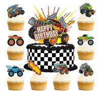 Haxpacal Truck Cake Topper, 49pcs Monster Car Theme Birthday Party Supplies, Red, Green, Blue Cake Decorations for Kids Birthday, Baby Shower Party Decorations