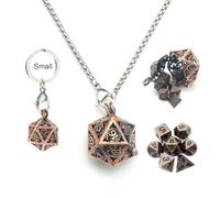 Haxtec Mini D&D Dice Set - Metal D20 Pendant Necklace & Keychain, Portable 7PCS Tiny Dice Set for Dungeons and Dragons, Cooper Hollow Dice Case