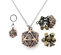 Haxtec Mini D&D Dice Set - Metal D20 Pendant Necklace & Keychain, Portable 7PCS Tiny Dice Set for Dungeons and Dragons, Bronze Copper Hollow Dice Case