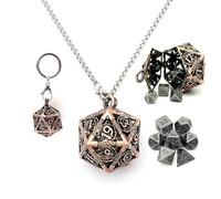 Haxtec Mini D&D Dice Set - Metal D20 Pendant Necklace & Keychain, Portable 7PCS Tiny Dice Set for Dungeons and Dragons, Iron Copper Hollow Dice Case