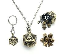 Haxtec Mini D&D Dice Set - Metal D20 Pendant Necklace & Keychain, Portable 7PCS Tiny Dice Set for Dungeons and Dragons, Bronze Hollow Dice Case