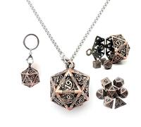 Haxtec Mini D&D Dice Set - Metal D20 Pendant Necklace & Keychain, Portable 7PCS Tiny Dice Set for Dungeons and Dragons, Antique Copper Hollow Dice Case