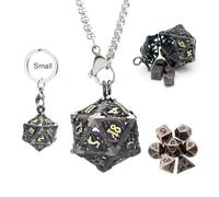 Haxtec Mini Metal DND Dice Set with Black Gold Hollow D20 Necklace Dice Case Antique Tiny Copper Metal Keychain Portable 7PCS Dice Set