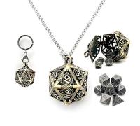 Haxtec Mini Metal DND Dice Set With Bronze Hollow D20 Necklace Dice Case Antique Tiny Metal Dice Set D&D Portable 7PCS Keychain Dice Set