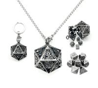Haxtec Mini Metal DND Dice Set with Silver Hollow D20 Necklace Dice Case Antique Tiny Silver Metal Keychain Portable 7PCS Dice Set for D&D
