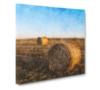Hay Bales On A Field Canvas Print | Gallery Wrapped 30mm Frame Wall Art | 20x20 inches | Ready to Hang | Modern Landscape Picture | Living Room Bedroom Lounge Office