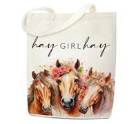 Hay Girl Canvas Tote Bag, Funny Horse Lover Gift for Mom, Daughter, Cowgirl, Cute Reusable Grocery Beach Shoulder Bag