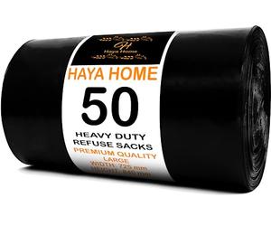 Haya Home 50 Black Plastic Bin Bags Heavy Duty Bin Liners, Refuse Sacks Pack of 50 X 1 Heavy Duty Waste Dustbin Bags roll 90L for Kitchen Home Office DIY Garden Made from 100% Recycled Material