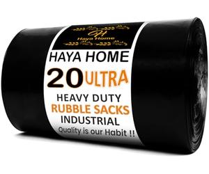 Haya Home 50L 20 Ultra Heavy Duty Rubble Sacks Extra Strong Large Thick Builder Bin Bags 100 μm Refuse & Rubbish Bags for Construction Garden Waste Soil & Gravel Commercial Use 100% Recycled Material