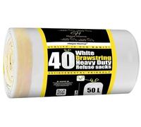 Haya Home 50L Litre 40 Drawstring Bin Bags Heavy Duty Swing Bin Liners, White Plastic Refuse Sacks tie top handle large Waste Dustbin Bags for Kitchen Home Office DIY Garden 100% Recycled Material