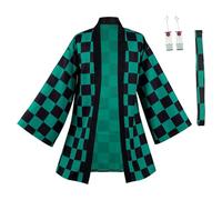 Haydory Tanjiro Kamado Cloak Cosplay Costume Tanjiro Kamado Black Green Kimono Cloak Cape Bathrobe Halloween Suit Adult