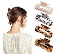 HAYHOI 4PCS Hair Claw Clips, Celluloid French Butterfly Jaw, Tortoise Shell Grip Pin Teeth Clamp -Leopard Print Stylish Hair Accessories for Women Girls Thick Thin Curly Straight Long Hair, Size 3.4“