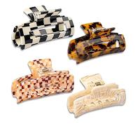 HAYHOI 4PCS Hair Claw Clips, Celluloid French Butterfly Jaw, Tortoise Shell Grip Pin Teeth Clamp-Stylish Accessories for Women Girls Thick Thin Curly Straight Long Hair, Checkerboard, Leopard, White