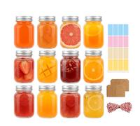 HAYHOI 60 ml Mini Mason Jars with Lids, Small Glass Shot Bottles With Caps | 12 Pack 2oz Wellness Shot Jar, Spice Jars with Labels, Container for Ginger Storage Juice Candle Honey Jam Sauce Party Favors