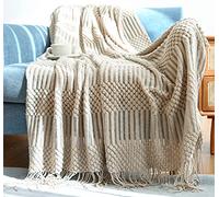Hayisugal Blanket Soft Knitted Wool Blanket Tassel Cuddly Blanket Sofa Blanket Sleeping Blanket Woven Pattern Khaki 130 x 200 cm