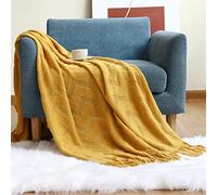 Hayisugal Soft Cozy Knitted Blanket Throw, Lightweight Decorative Textured White Throw Blanket with Fringes for Couch Chairs Bed Sofa, Yellow, 130 x 200cm