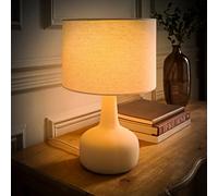 ValueLights | Hayley Natural Linen Drum Shade Beige Squat Base Ceramic Table Lamp and LED Bulb | Table Lamps, Home Décor & Improvement Essential | Included LED Bulb