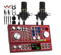 Hayner-Seek Podcast Equipment Bundle for 2, ALL-IN-ONE Audio Interface DJ Mixer With 3.5mm XLR Condenser Microphone for Living Streaming,Recording,Gaming,TikTok,YouTube,PC,Smartphone (Red)