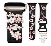 HAYONLIY Floral Engraved Band with Decorative Charms for Apple Watch 38mm 40mm 41mm 42mm,Two-Tone Flower Silicone Strap for iwatch Series 11 10 9 8 7 6 5 4 SE 3 2 1 Women