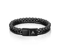 HAYOUWAY Mens Leather Beaded Bracelet with Initial Letter Gifts for Men Boyfriend Dad Him Birthday Christmas Gifts Layered Braided Leather Natural Lava Rock Stone Bracelet with Magnetic Clasp