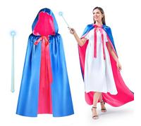 Haysandy 3 ft Blue Hooded Cloak Costume & Magic Wand Set, Fairy Princess Cape Cloak Costume for Women Girl Party Cosplay