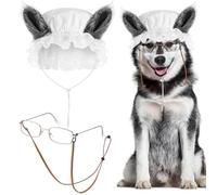 Haysandy 3 Pcs Granny Wolf Costume for Dog White Mop Cap with Grey Ears Grandma Glasses with Strap for Halloween Pet Party Cosplay Big Bad Wolf Funny Costume for Small Medium Large Dogs