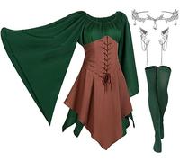 Haysandy 4 Pcs 2025 Women Elf Costume Halloween Renaissance Traditional Irish Dress Fairy Ears for Cosplay, Green, Brown, XS