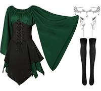 Haysandy 4 Pcs 2025 Women Elf Costume Halloween Renaissance Traditional Irish Dress Fairy Ears for Cosplay, Green, Black, Medium