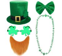 Haysandy 5 Pcs St. Patrick's Day Leprechaun Costume Suit Set Hat Fake Beard Bow Tie Clover Glasses Shamrock Necklace, Green, As shown in the picture