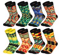 Haysandy 8 Pairs Black History Month Socks African Ethnic Kente Print Cloth Crew Socks Novelty Black History Month Gifts for Valentine's Day American Men Adults Dress, Main Red, Black, Yellow, Blue