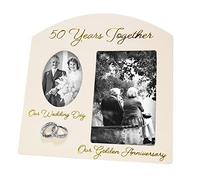 Haysom Interiors Contemporary 50 Years Together Then and Now Golden Anniversary Light Beige Frame with Double Silver Rings | Beautiful 50th Anniversary Picture Frame