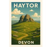 Haytor Devon Vintage Travel Art Print, Retro Landscape Poster, Teal and Green Countryside Wall Decor. Size A4