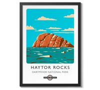 Haytor Rocks, Dartmoor National Park England Travel Poster, Explore Britain Modern Illustration Destination Print, Modern British UK Living Room Decor, A3 (Black Frame) - 45x32.8cm