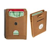 Hayvenhurst Minimalist Slim Wallet for Men - RFID Blocking Front Pocket Credit Card Holder - Leather Billfold Wallet with Metal Money Clip, ID Window & Front Card Slot | Billfold, Brown, Airtag