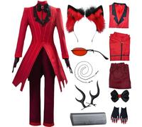 Hazbin Hotel Cosplay Alastor Cosplay Costume Red Set with Wig Hair Accessories Glasses Halloween Anime Costume (Red, Large)