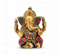 HAZDEAL Brass Ganesha Statue with Gem Stone Work, Handcrafted Ganesh Idol for Home Decor, Pooja Room, Office Desk, Meditation Space, Vastu & Feng Shui Decorative Ganpati Murti, 16 cm, 860 g