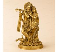 HAZDEAL Brass Lord Radha Krishna Idol Playing Flute with Peacock - Handmade Brass Statue for Home Decor, Temple, Pooja Room, Spiritual Gift, Hindu God Sculpture (12x 7.5 x 4.5 Inches,3.8Kg)
