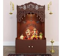 HAZDEAL Lotus Pattern MDF Wood Temple with Spacious Shelf inbuilt Focus Light Brown Big Size (Size-18D*22.5W*38H inch) Home