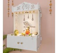 HAZDEAL Mor Pankh White Wooden Temple for Home with inbuilt Focus Light Spacious Shelf (Size-13.5D*16.8W*25H inch)