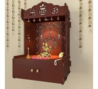 HAZDEAL Premium Wall Wooden Temple with inbuilt Focus Light Spacious Wooden Shelf Brown Big Size (Size-13.5D*16.8W*25H inch)