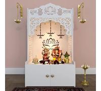 HAZDEAL White Wooden Temple for Home with Spacious Shelf Inbuilt Focus Light White Big Temple (Size-18D*22.5W*38H inch) (Lotus Pattern)